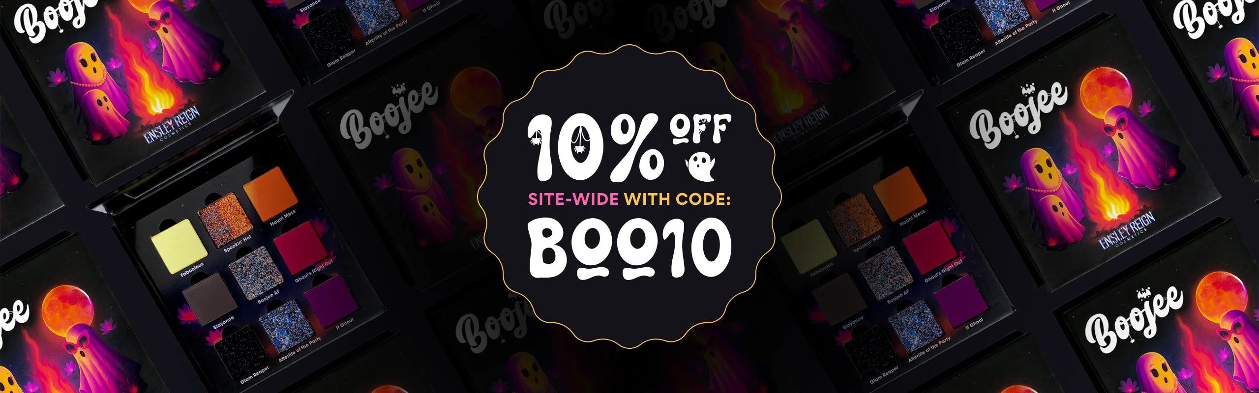 Halloween-themed cosmetic palette ad featuring bright colors and ghost illustrations. Text offers "10% off site-wide with code BOO10" on a dark background.