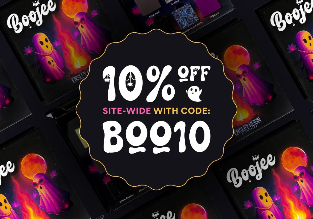 Halloween-themed sale ad with ghosts and a full moon. Text: '10% off site-wide with code BOO10.' Festive and spooky vibe.