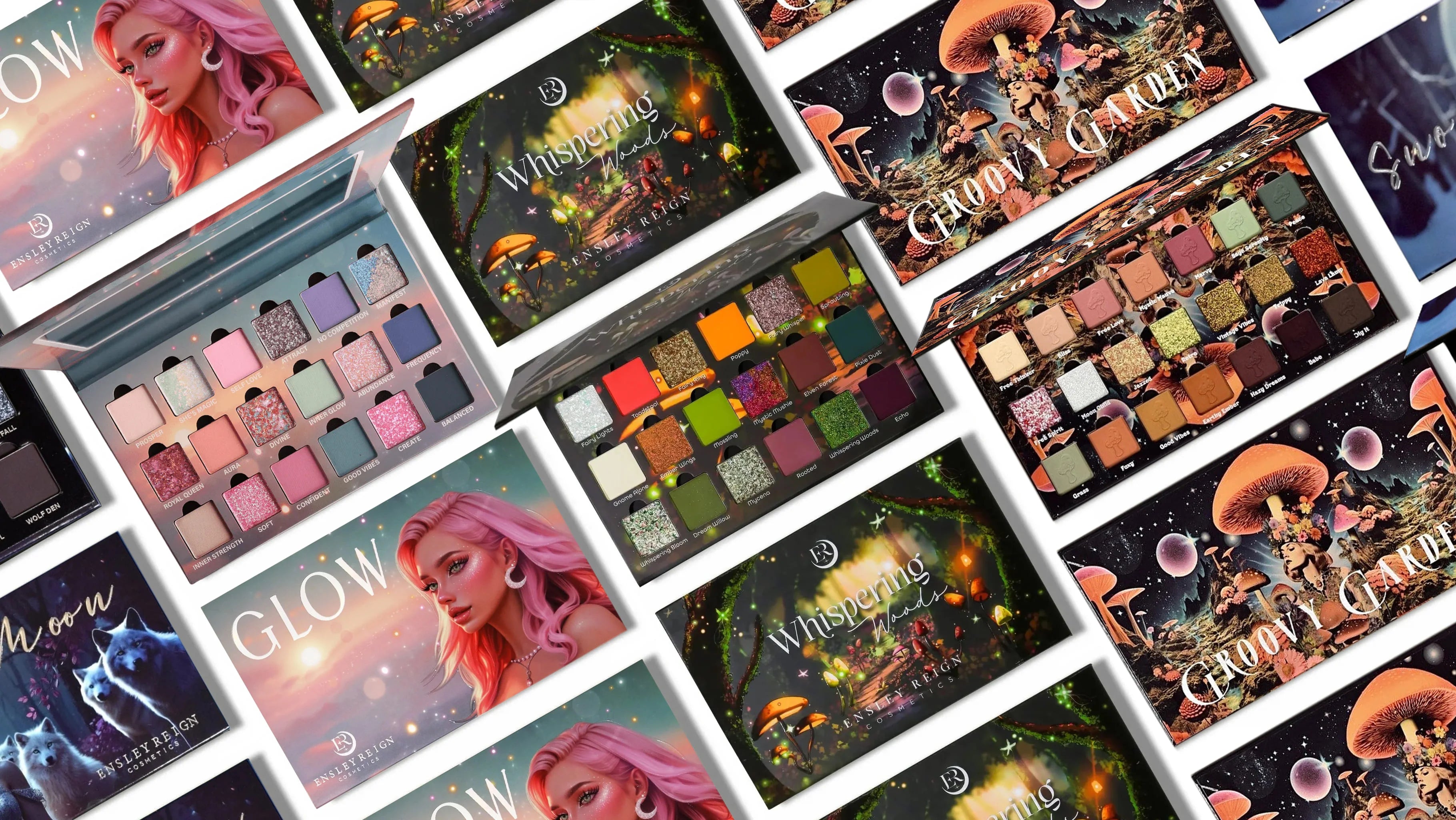 A vibrant assortment of cosmetic palettes with open lids showcasing colorful shades. Covers feature fantasy themes with mushrooms, wolves, and a pink-haired character, conveying a whimsical and magical tone.