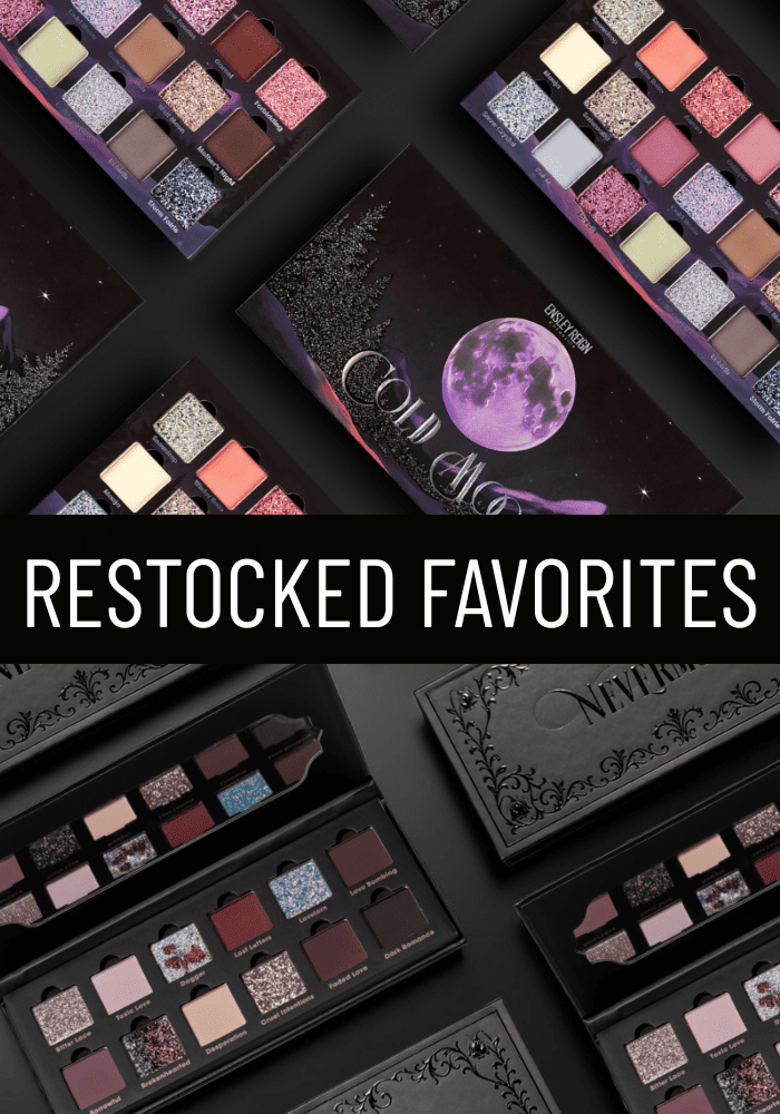Eyeshadow palettes with vibrant, glittery colors are displayed, featuring a 'Restocked Favorites' banner. A palette with a purple moon and forest design is visible, conveying a mystical theme.